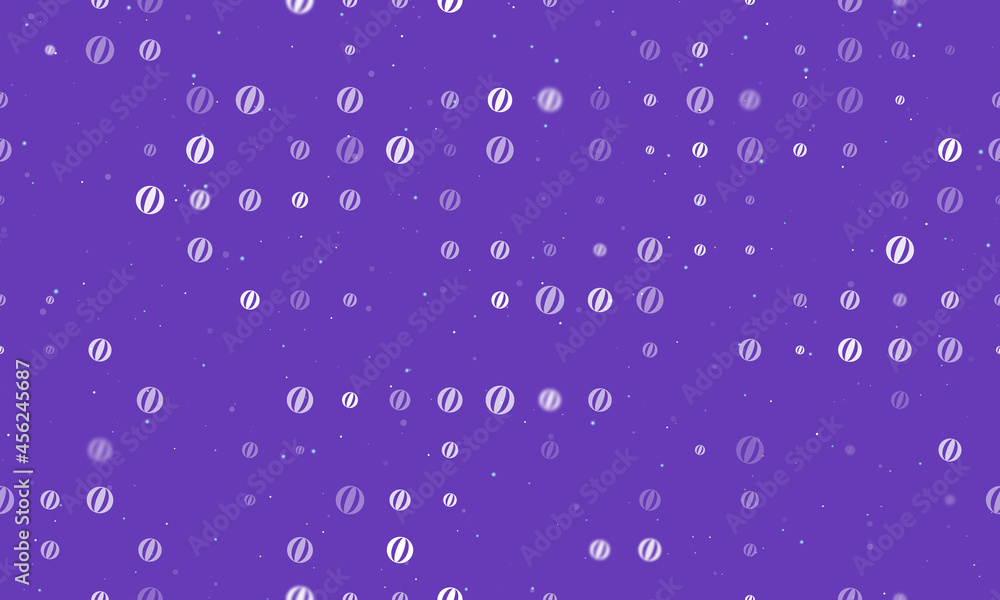 Seamless background pattern of evenly spaced white beach ball symbols of different sizes and opacity. Vector illustration on deep purple background with stars