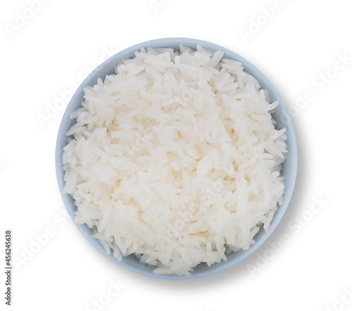 Rice in blue bowl isolated on white background.