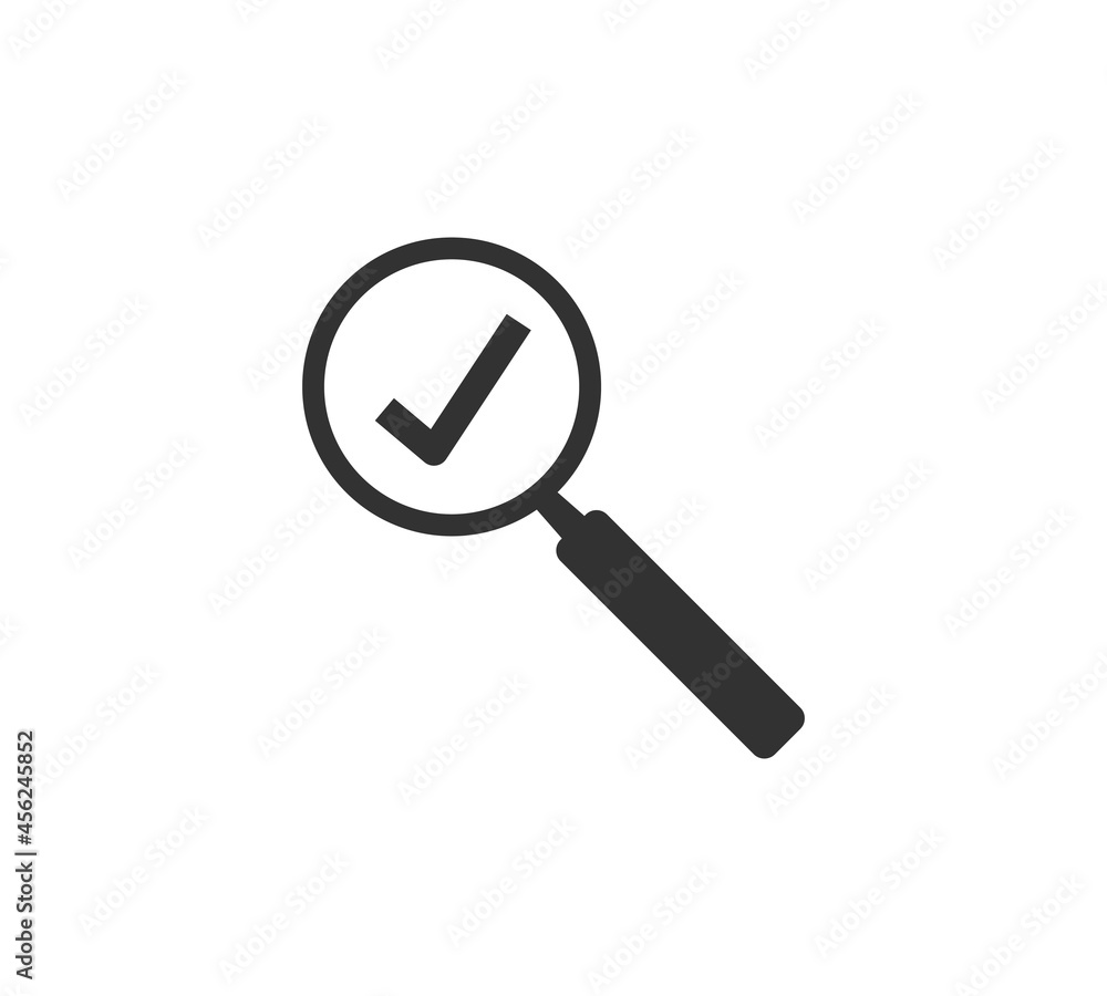 Check mark with magnifying glass icon in flat style. Loupe accept vector illustration on white isolated background. Search checklist business concept. Check mark with magnifying glass icon in flat style. Loupe accept vector illustration on white isolated background. Search checklist business concept.