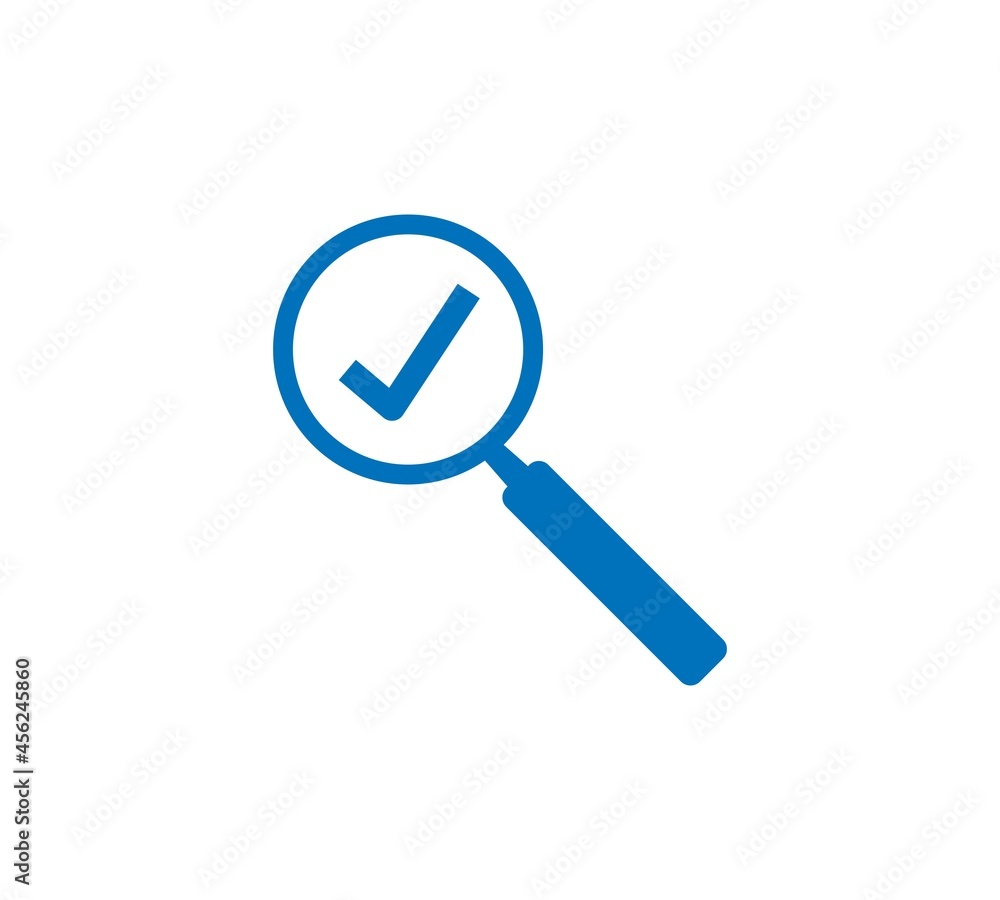 Check mark with magnifying glass icon in flat style. Loupe accept vector illustration on white isolated background. Search checklist business concept. Check mark with magnifying glass icon in flat style. Loupe accept vector illustration on white isolated background. Search checklist business concept.
