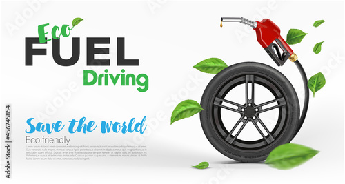 Car wheel with fuel and green leaves nozzle isolated on white background. Green energy concept. Environmentally friendly with eco tyre. Green biofuel concept with nozzle plate and natural energy.
