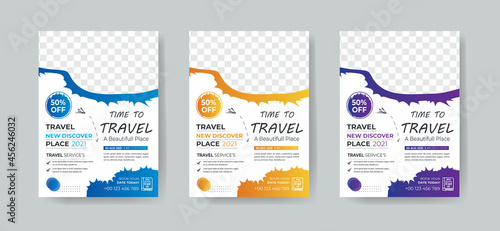 Travel flyer template design with contact and venue details. Summer travel agency promotion template design