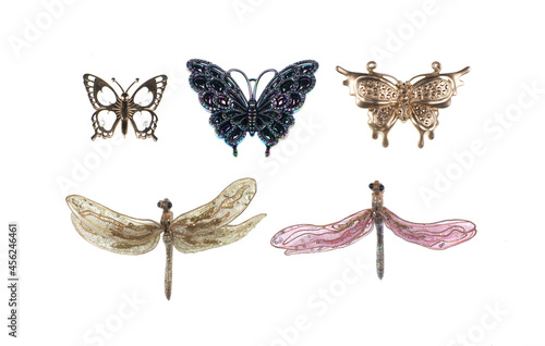 Photography fashion accessory brooch, isolated on white,  butterfly , shiny beads, fashion