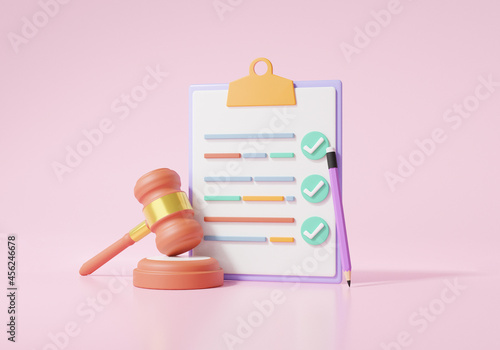 Checklist on a clipboard paper. gavel verdict concept. Judge arbitrate courthouse. judgement Hammer. on pink background. illustration 3D rendering