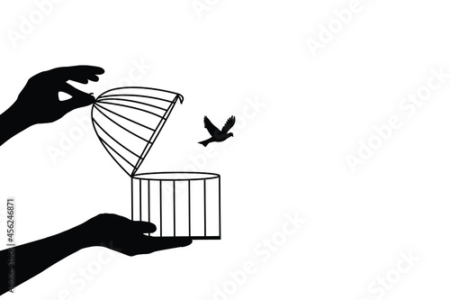 Bird Flying Out of Cage for freedom vector illustration, Freedom Concept, a bird flying out of the cage, bird In cage Set Free, Freedom, hope and set free concept.