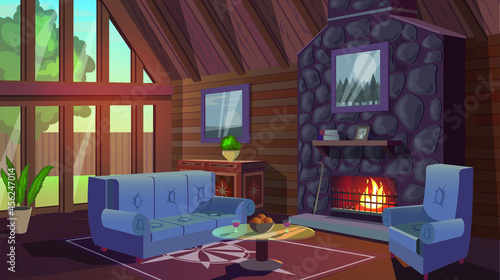 Vector image of home interior with soft furniture, warm fireplace, coffee table and large windows