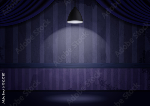 Aged old room with grunge striped wallpaper with hanging lamp and curtain
