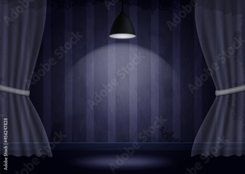 Aged old room with grunge striped wallpaper with hanging lamp and transparent curtain