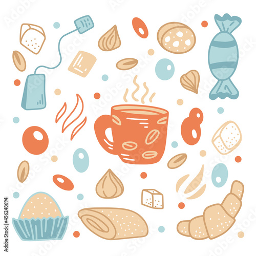 Flat white coffee set in hand drawn style, tea, coffee, macchiato in different shapes and forms in autumn colors isolated on white background. Vector illustration.
