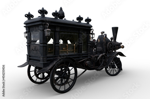 Rear perspective view 3D rendering of a Steampunk Halloween concept steam powered hearse isolated on a white background. photo