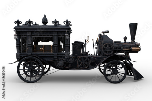 Side view 3D rendering of a Steampunk Halloween concept steam powered hearse isolated on a white background. photo