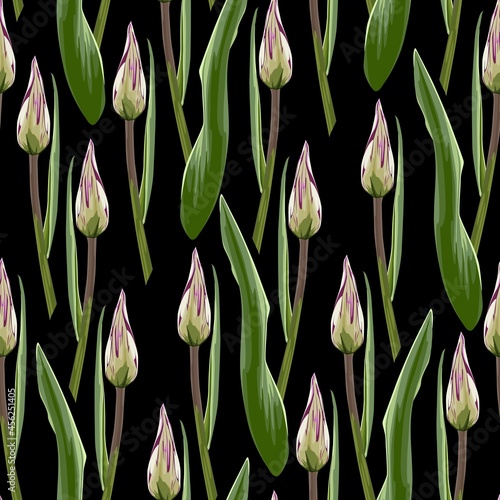 Vintage floral seamless background pattern. Beauty tulips flower bud and leaves on black background. 