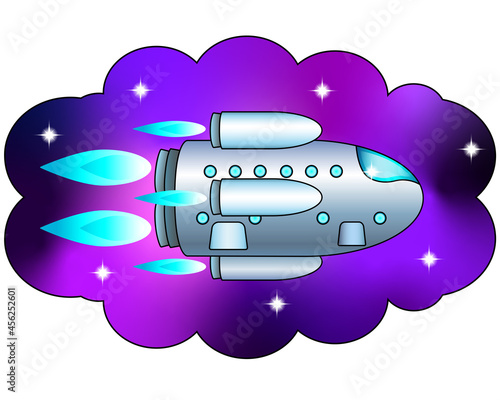 Spaceship flying against the background of galactic nebulae and stars - vector full color illustration. Silver starship in space. Space exploration and tourism