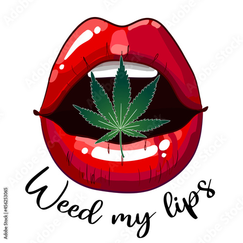 Weed my lips; mouth with cannabis leaf