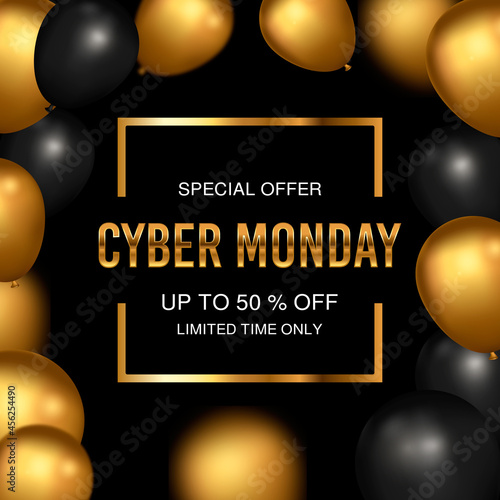 Black Friday sale banner. Huge discount banner. Luxury golden banner with balloons. Final sale up to 50% off. Vector illustration.