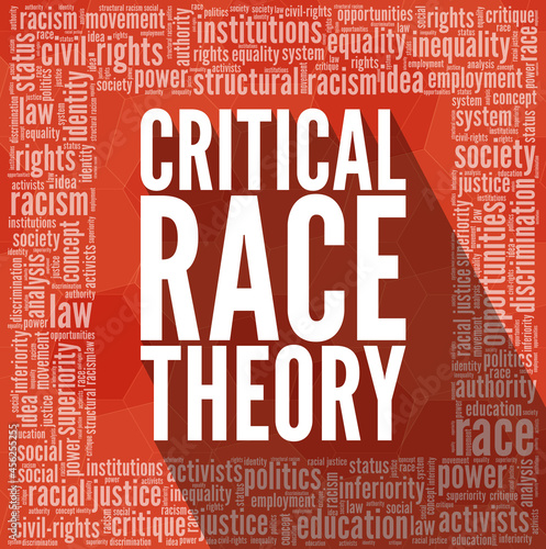 Critical Race Theory typography illustration with a word cloud. Text with long shadows over red background. photo