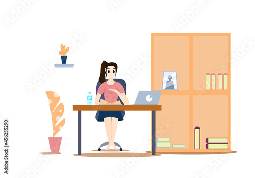 Concept lifestyle quarantine, relax time. woman sitting on the table reading a book with a notebook placed next to it. Vector flat style. Illustration for content book reading, happiness, studying 
