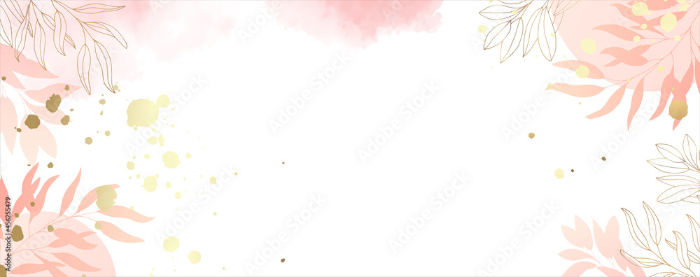 Luxurious golden wallpaper. Banner white background and stains of pink ...