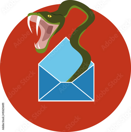 An aggressive poisonous snake coming out of an opened letter envelope or e-mail icon, EPS 8 vector illustration 