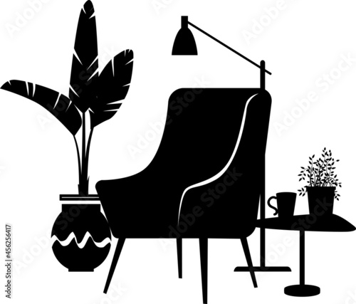 Cozy reading nook consisting of a chair and a coffee table next to a potted plant and lamp, EPS 8 vector illustration, no real product depicted