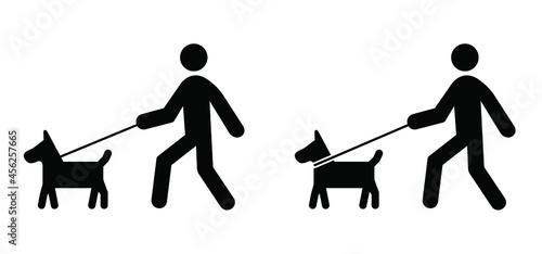 Walking with the dog, dogs leash. Cartoon walk with hound and lead icon. Flat vector stick figure dog pictogram. black silhouette of a dog. Stickfigure or stickman logo