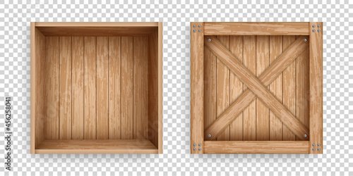 Fototapeta Naklejka Na Ścianę i Meble -  Open and closed containers of old planks. Realistic wooden crates for storage, transportation and delivery design. Cargo boxes mockup template.