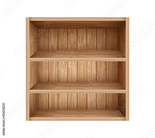 Realistic bookshelf made of wooden boards. Empty bookshelf mockup template. Old wooden shelves for library, office and school interior design.