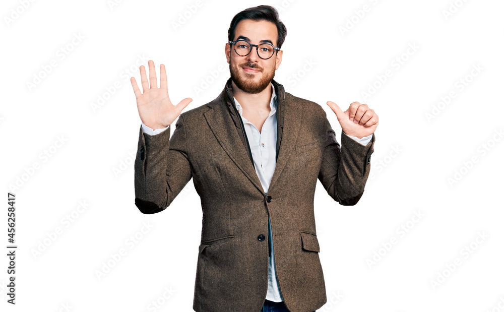 Young hispanic man wearing business jacket and glasses showing and pointing up with fingers number six while smiling confident and happy. Young hispanic man wearing business jacket and glasses showing and pointing up with fingers number six while smiling confident and happy.