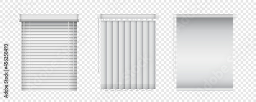 Realistic window blinds set. Horizontal and vertical shutters for plastic windows. Vector closed jalousie mockup for interior decoration design