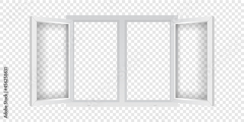 Double PVC window mockup template. Realistic plastic window with open casements. Windowpane frame with transparent glass for outdoor interior design.