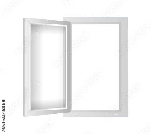 White plastic window with open casement. PVC single window mockup template. Realistic windowpane frame with transparent pane for outdoor interior design.