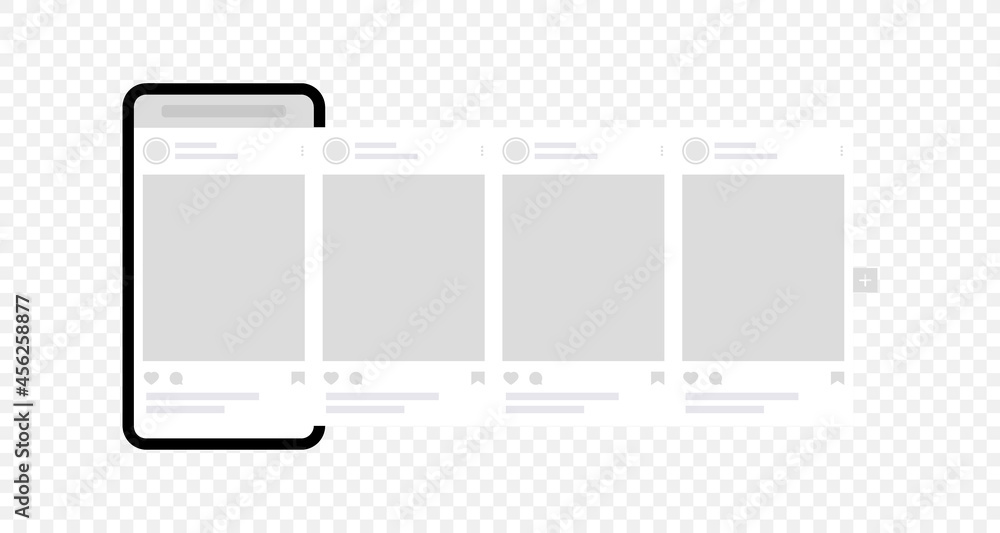Smartphone with interface carousel post. Social network ads mockup template. Carousel posts with ads banners. Web app page interface design Smartphone with interface carousel post. Social network ads mockup template. Carousel posts with ads banners. Web app page interface design