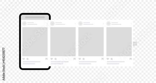 Smartphone with interface carousel post. Social network ads mockup template. Carousel posts with ads banners. Web app page interface design