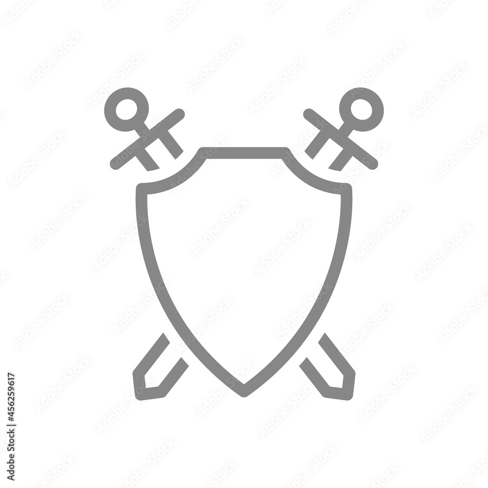 Protective shield with swords line icon. Protection, knights defender, warrior guard