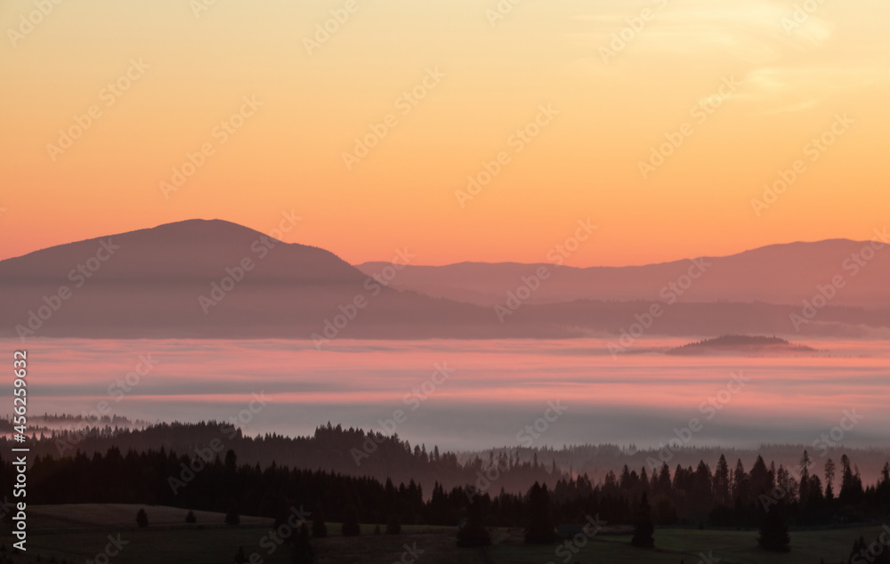 foggy landscape between mountains in the evening