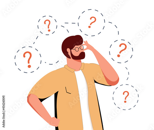 Thoughtful characters with question marks solving problems or searching solutions. Problem solving and choice. Smart man