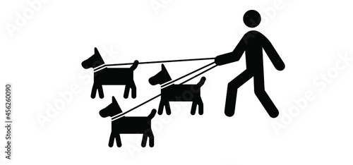 Walking with the dog, dogs leash. Cartoon walk with hound and lead icon. Flat vector stick figure dog pictogram. black silhouette of a dog. Stickfigure or stickman logo
