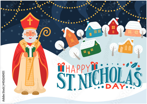 Happy Saint Nicholas Day. St.Nicolas holding gift in winter village, or city with hand drawn greeting lettering. 