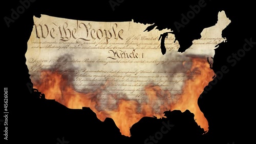 Burning USA map - flag and constitution photo