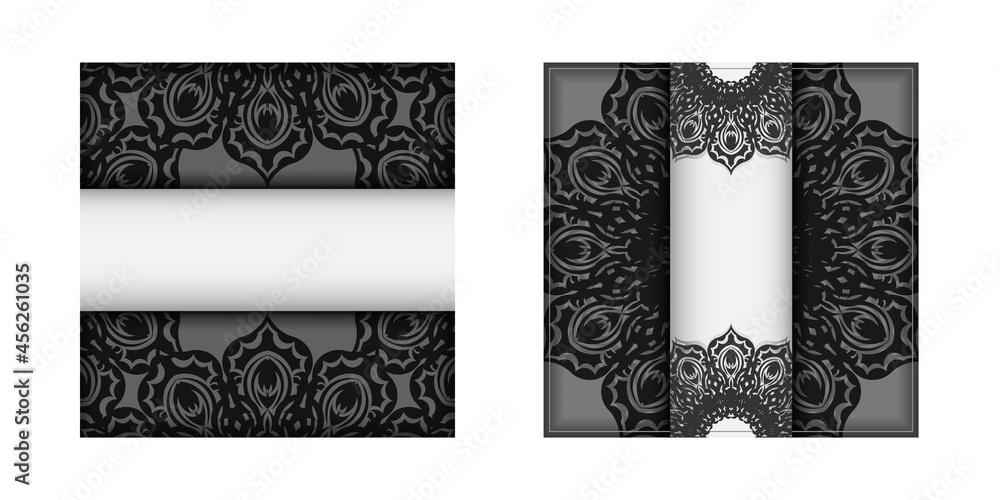 For you Design of a postcard in white with a black mandala ornament. Vector invitation card with place for your text and patterns.