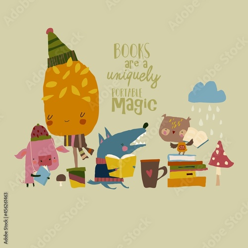 Cute Animals reading Books in Autumn Forest