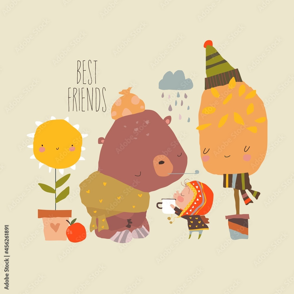 Obraz premium Cute Girl giving a Cup of Tea to a Sick Bear