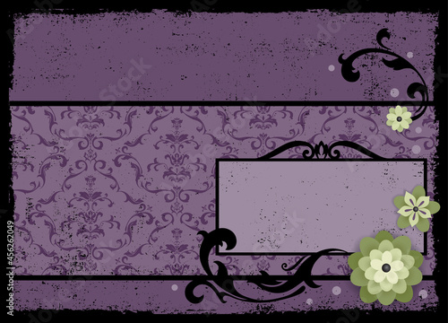 A scrapbook style purple damask background with grunge texture and embellishments
