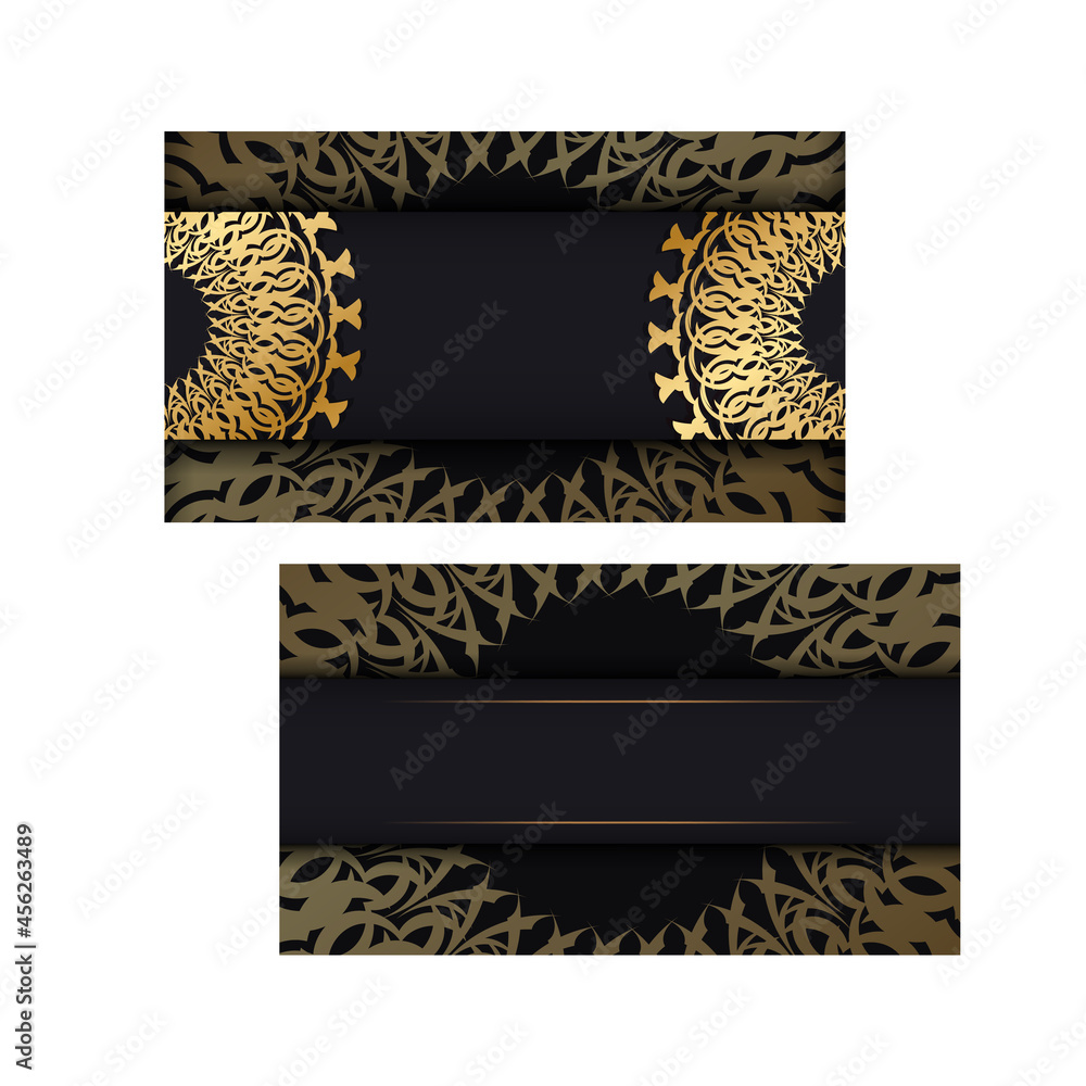 Greeting card template in black color with golden greek ornament