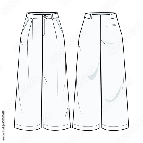 Ladies Formal Palazzo Pant Flat Drawing Illustrator Technical Vector. Wide Leg Formal Trousers technical fashion illustration Drawing. Flat apparel trousers template front and back, white color