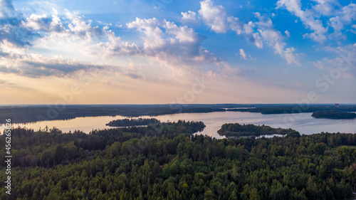 Sunset over the lake, drone view