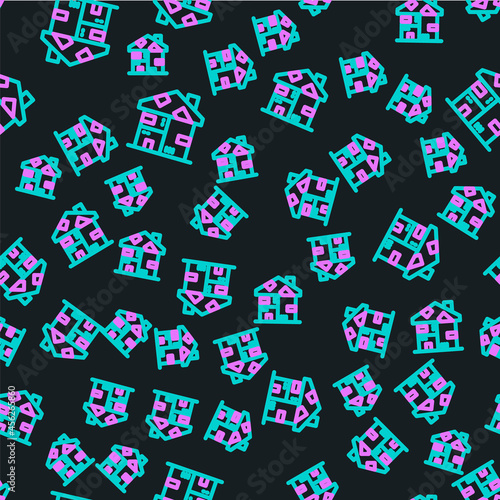 Line Homeless cardboard house icon isolated seamless pattern on black background. Vector