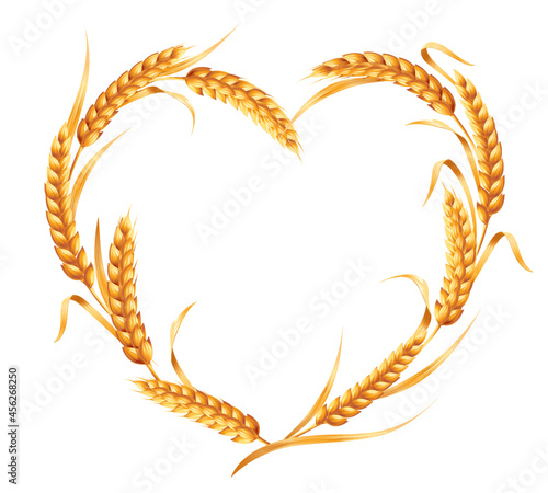 Heart of golden wheat ears. Vector illustration isolated on white background.