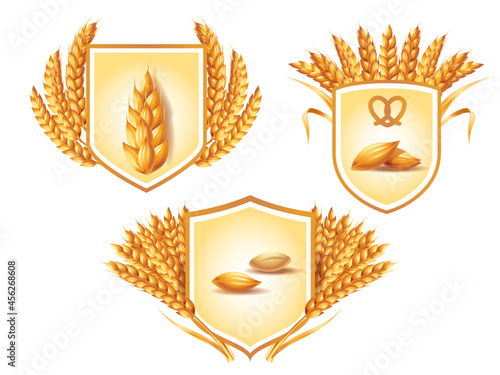 Three coats of arms, framed with yellow ears of wheat. Vector illustration isolated on white background.