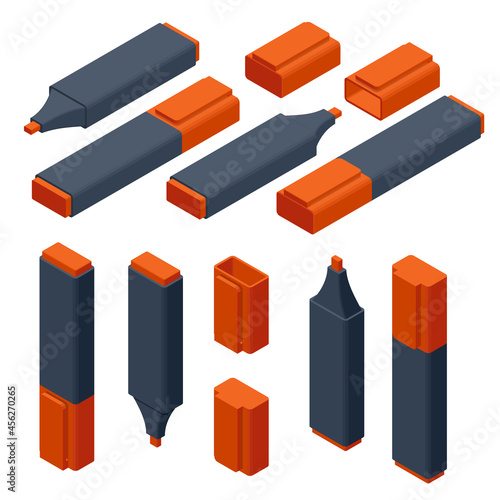 Isometric orange markers isolated on a white background. Realistic markers set for design.